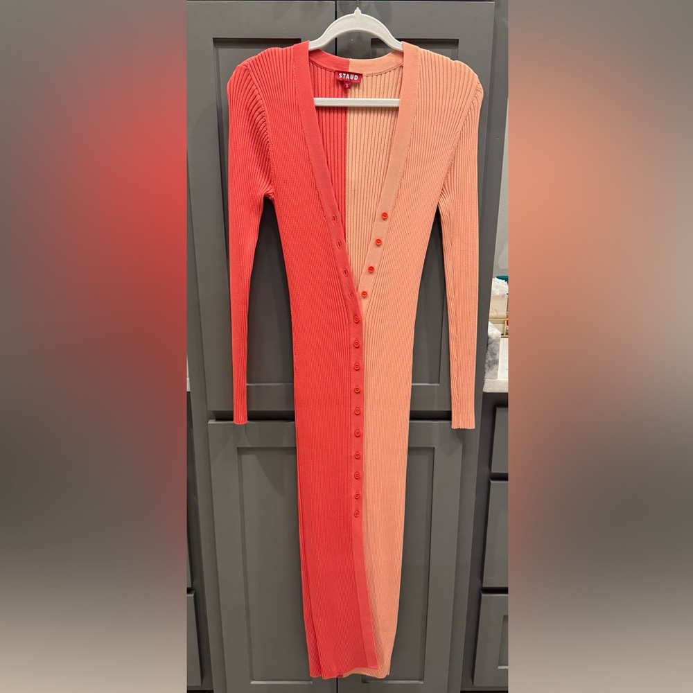 STAUD Orange Red Long Sleeve V-Neck Bodycon Dress